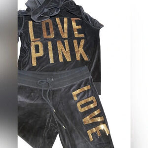 PINK Victoria’s Secret “Love Pink” Gold Sequin Black Velour Track Suit